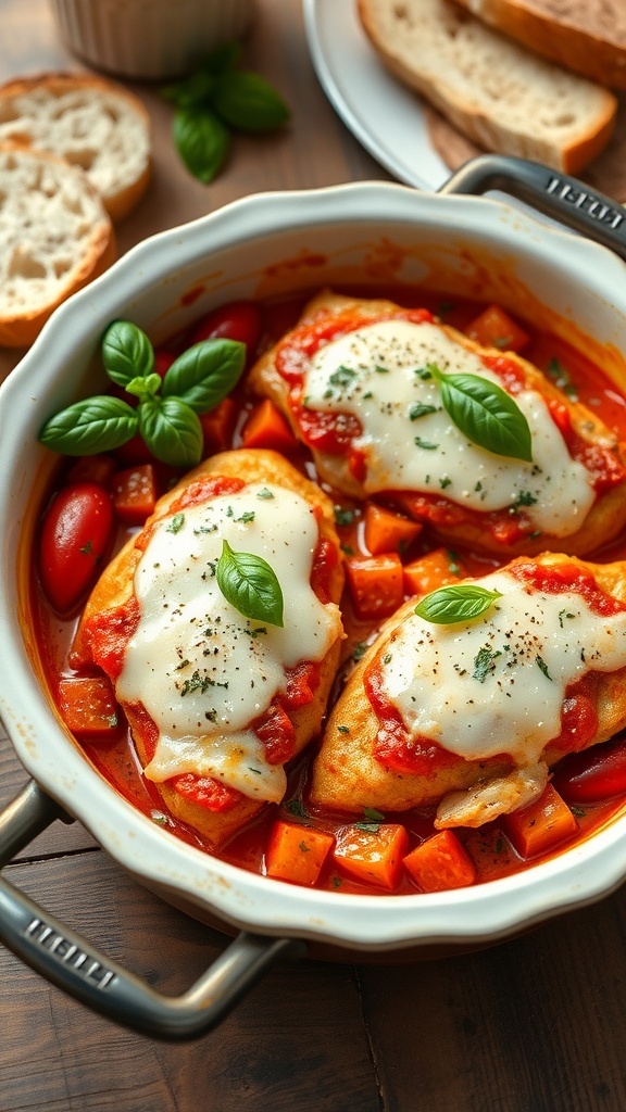 Baked chicken parmesan with tomatoes and melted cheese, garnished with basil on a wooden table.